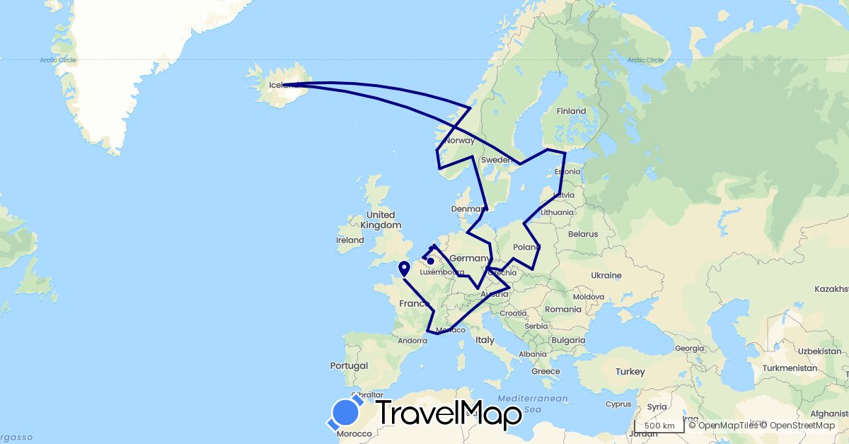 TravelMap itinerary: driving in Austria, Belgium, Czech Republic, Germany, Denmark, Finland, France, Iceland, Lithuania, Latvia, Netherlands, Norway, Poland, Sweden (Europe)